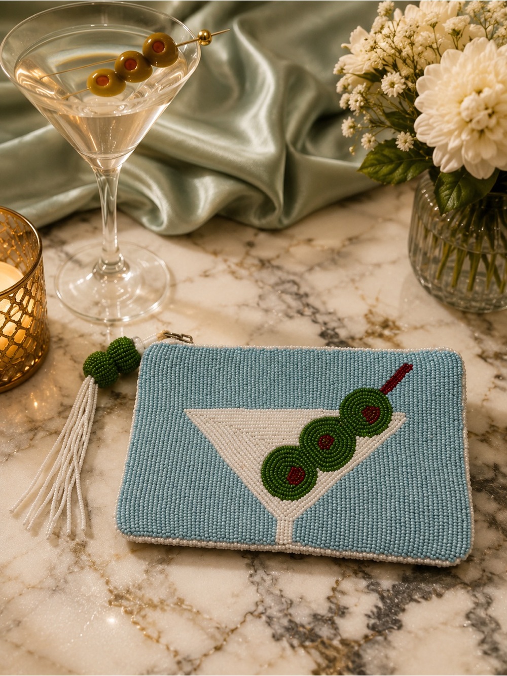 Beaded Martini Olive Coin Purse | Handmade Cocktail Zipper Pouch